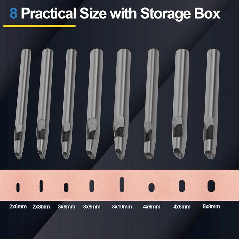 Boyistar 8 Size Oval Hole Punch for Leather 2mm-5mm, Leather Craft Punch Tools Set Hollow Punching Oval Belt Hole Cutter Tool for Watch Band, Belt, with Storage Box - Image 2